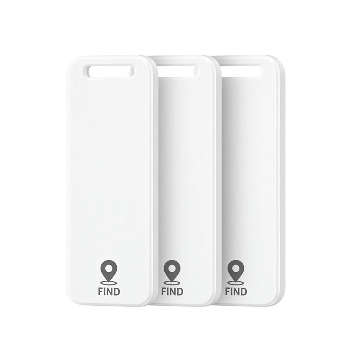 Three white Luggage Tag Tracker units shown on a plain white studio ground