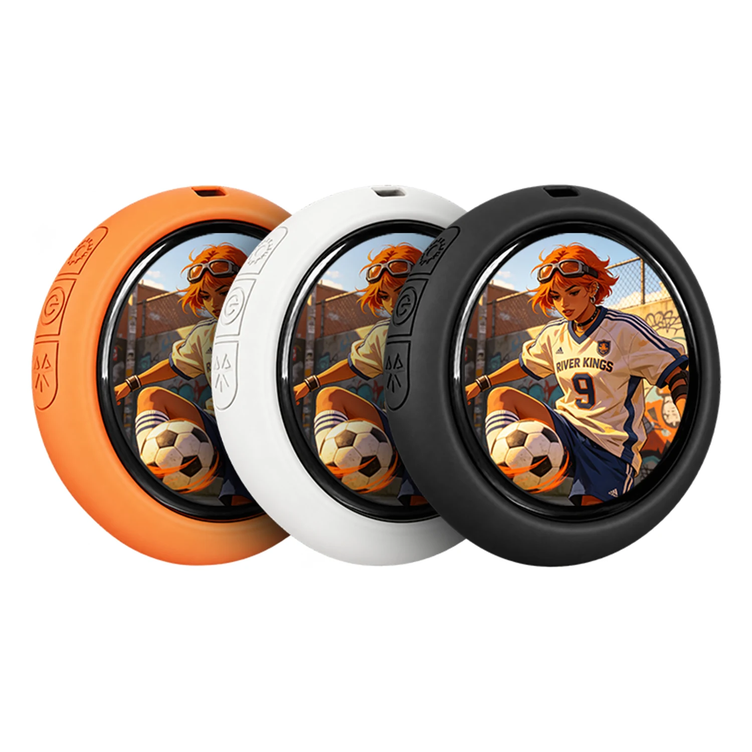 Three HZ02 badge trackers in orange, white and black, angled to show the photo display