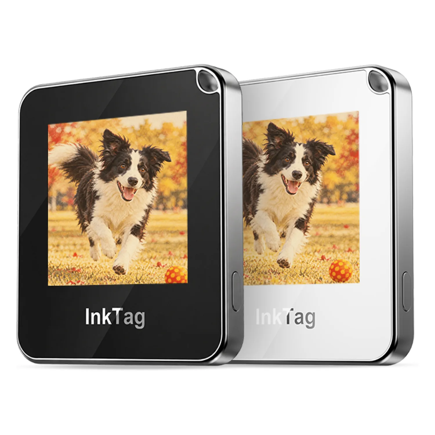 HZ03 E-ink photo tag in black and white, angled to show the 1.52-inch screen and plated frame