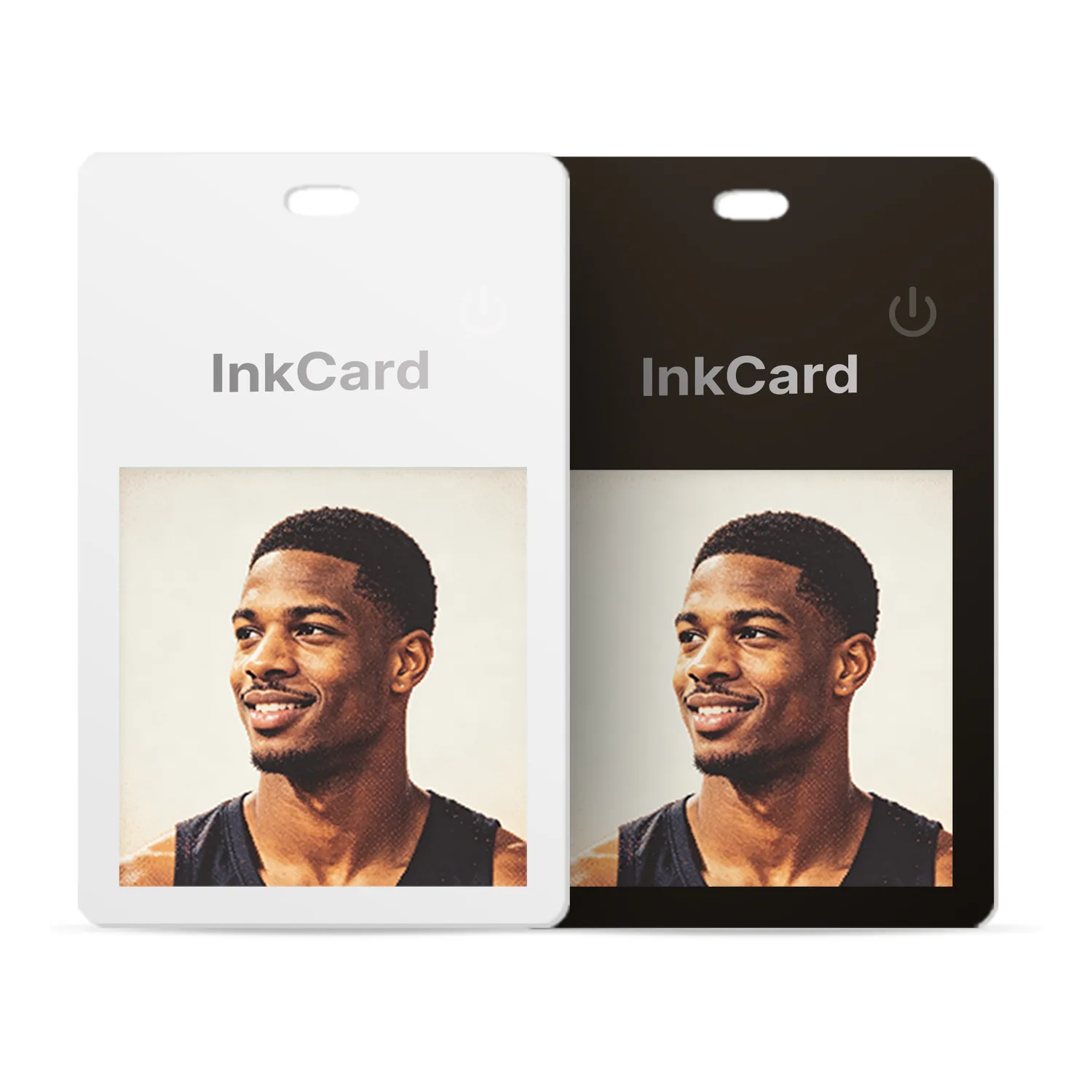 HZ04 E-ink wallet card trackers in white and black, each showing a photo on the 2.53-inch display