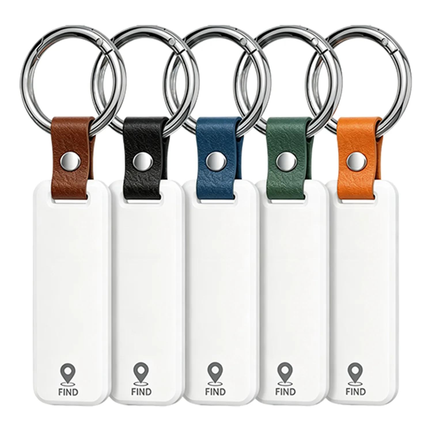 Five M07 keychain trackers with brown, black, navy blue, forest green and orange leather loops