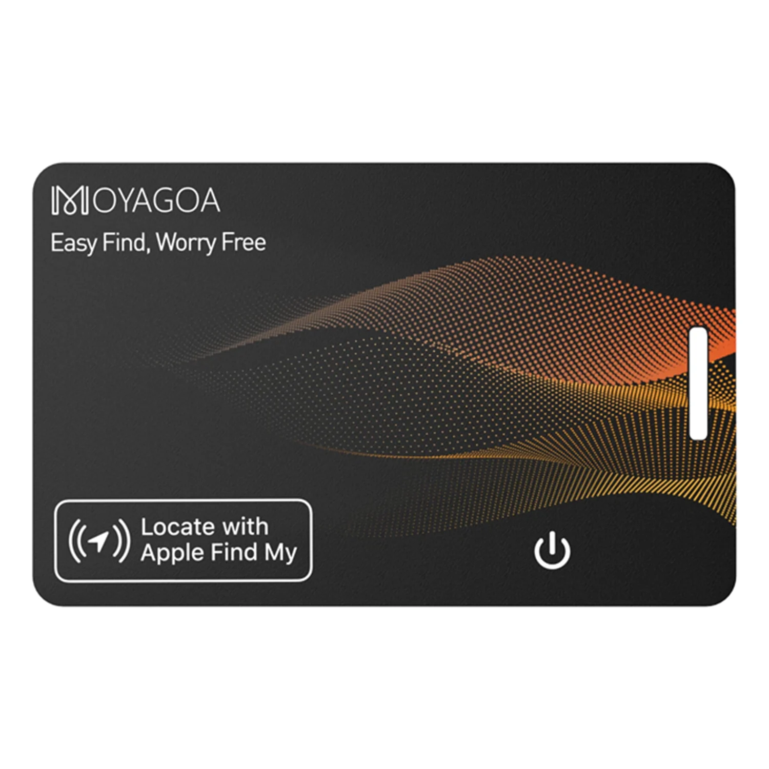 Black M09 wallet card tracker, credit-card sized, marked with Locate with Apple Find My