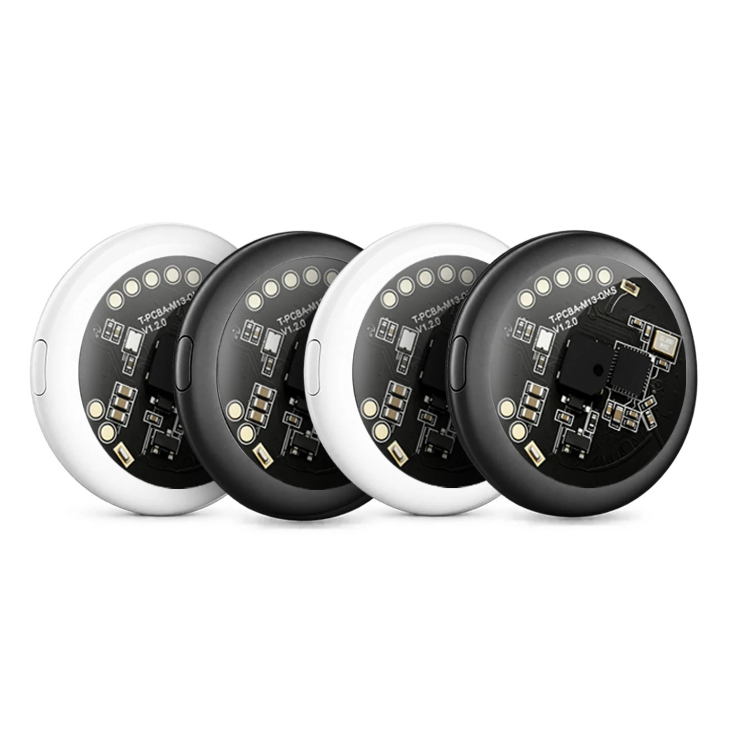 Four transparent M16 tracker tags in black and white showing the circuit board through the housing
