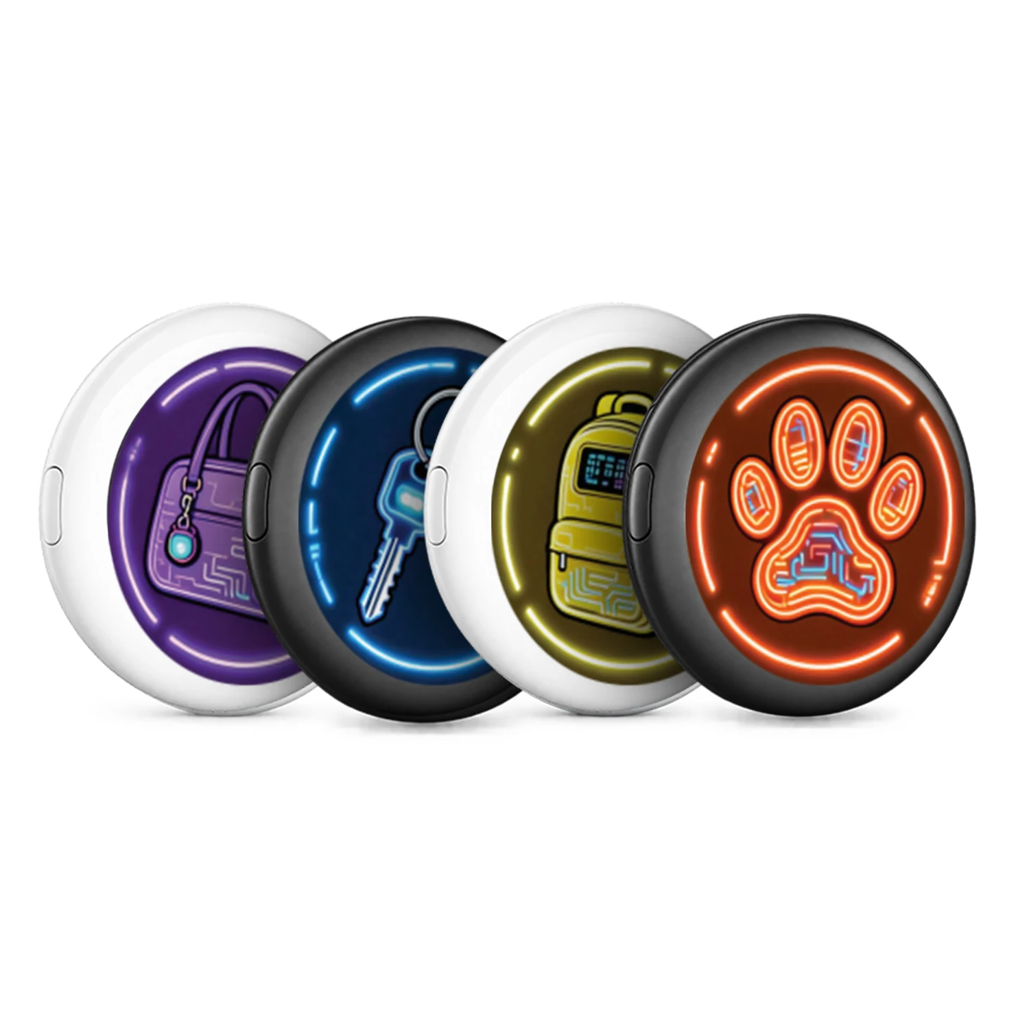 Four M18 tracker tags in black and white showing the neon handbag, key, backpack and pet paw stickers