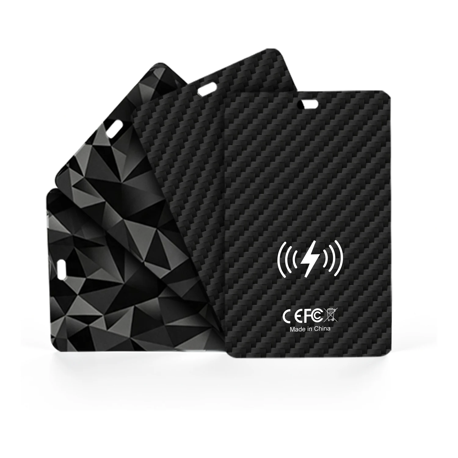 Three M19 carbon fiber card trackers fanned out, showing the woven face and the wireless charging mark