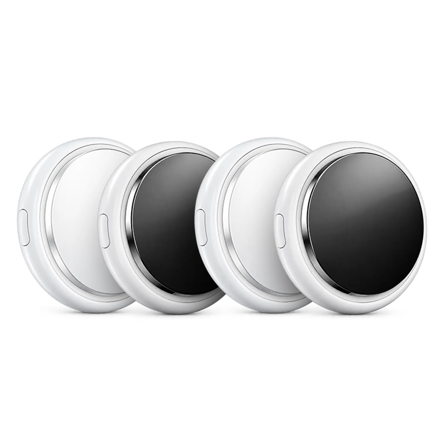 Four M20 round trackers in white and black, seen at an angle with the keyring loop visible