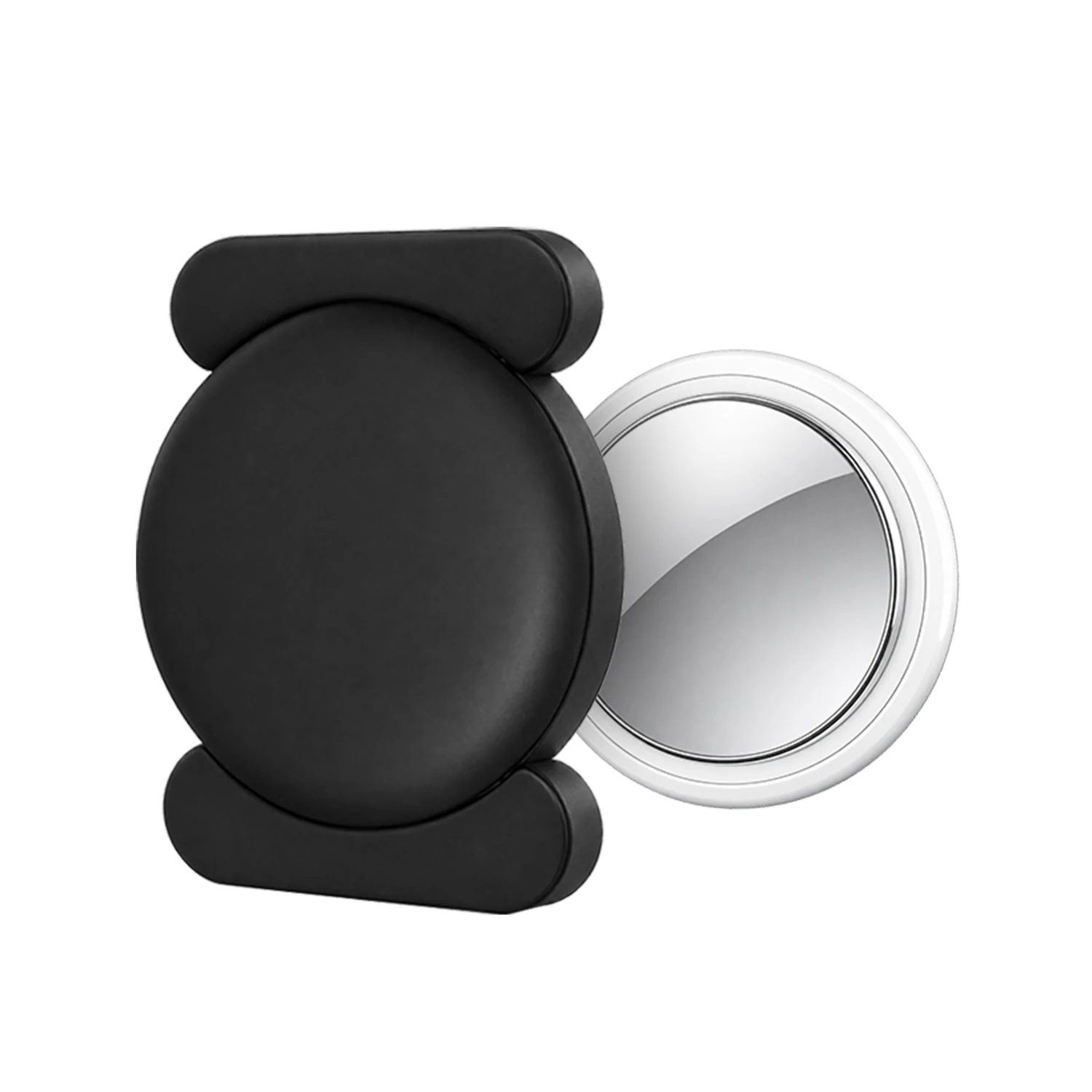 Black magnetic tracker case beside a white round tracker, showing the silicone shell and the magnet face